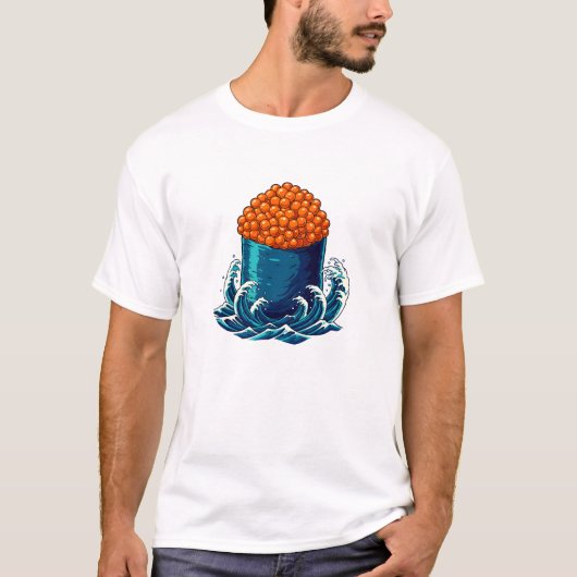 Ikura Gunkan Maki Sushi Japanese Ocean Wave Art Tシャツ (正面)