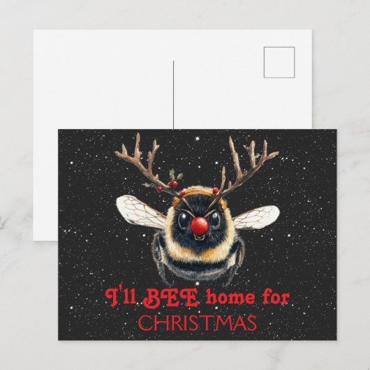I'll BEE Home for Christmas Reindeer Bee ポストカード (正面/裏面)