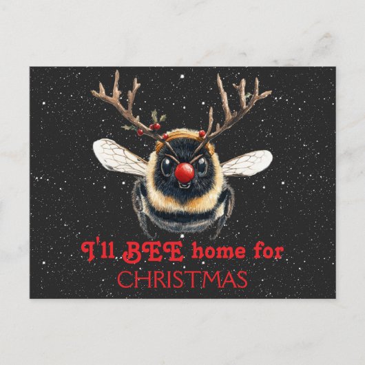I'll BEE Home for Christmas Reindeer Bee ポストカード (正面)