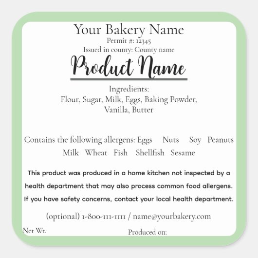 Illinois Cottage Food Business Green Baking Label スクエアシール (正面)