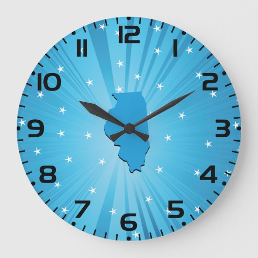 Illinois State Silhouette Blue Starburst ラージ壁時計 (正面)