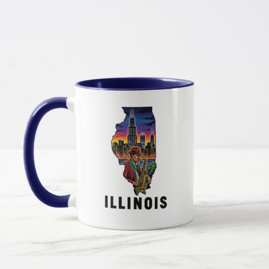 Illinois State Tattoo Style Skyline Jazz Saxophone マグカップ (左)