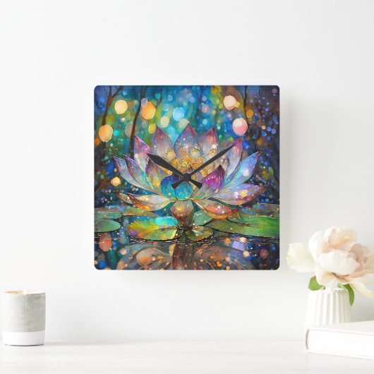 Illuminated Blooming Lotus Flower スクエア壁時計 (ホーム)