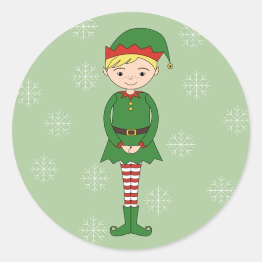 illusima クリスマス男の子エルフ雪の結晶 グリーン ラウンドシール (正面)