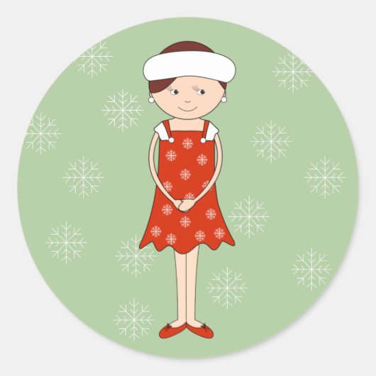 illusima クリスマス 冬の女の子 雪の結晶 グリーン ラウンドシール (正面)