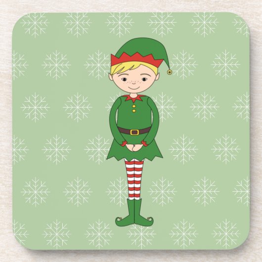 illusima Christmas Boy Elf Snowflakes Green コースター (正面)