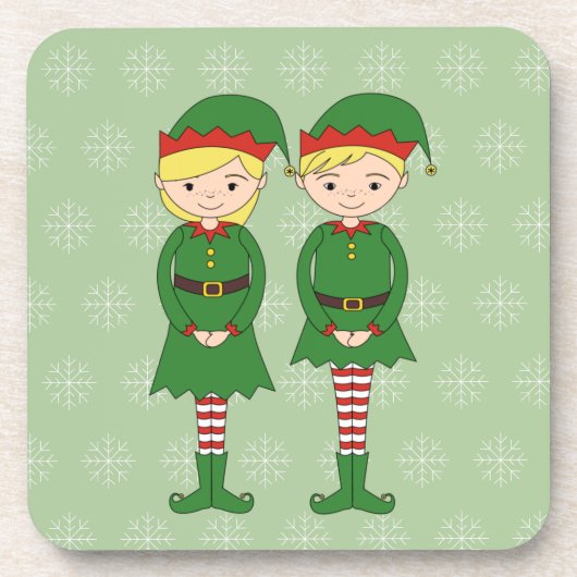 illusima Christmas Elves Snowflakes Green コースター (正面)