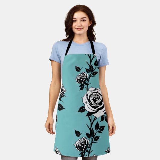 Illustrated Black And White Roses  エプロン (着用した状態)