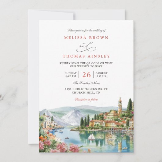 Illustrated Lake Como Italy Modern QR Code Wedding 招待状 (正面)