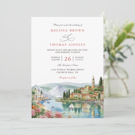Illustrated Lake Como Italy Modern QR Code Wedding 招待状 (スタンド正面)
