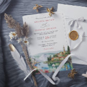 Illustrated Lake Como Italy Modern QR Code Wedding 招待状
