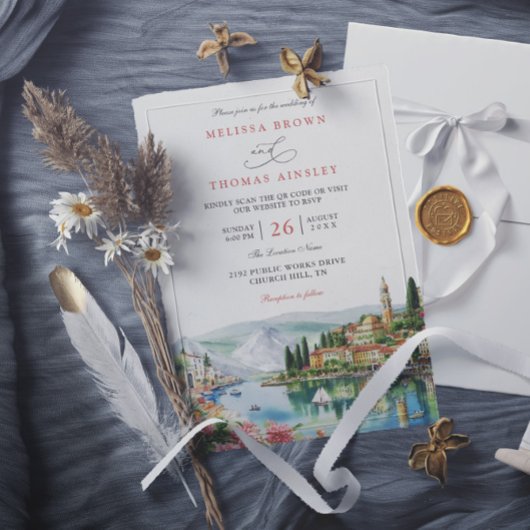 Illustrated Lake Como Italy Modern QR Code Wedding 招待状