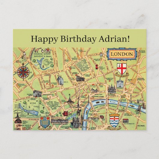 Illustrated Map of London Birthday Posrcard ポストカード (正面)