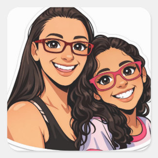 illustrated mother and daughter stickers cute  スクエアシール