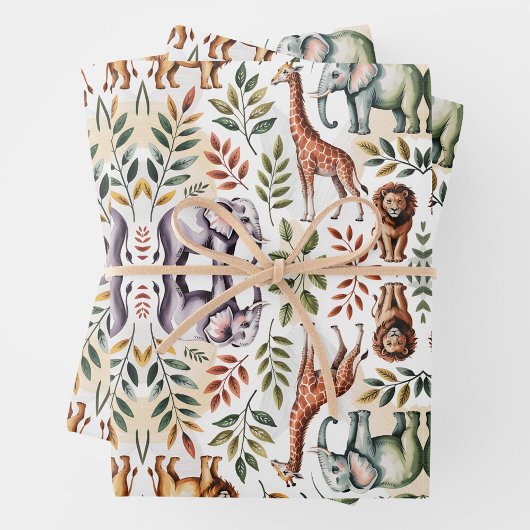 Illustrated pattern featuring elephants, lions ラッピングペーパーシート
