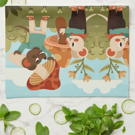 Illustrated picnic scene with animals キッチンタオル (折り畳み)