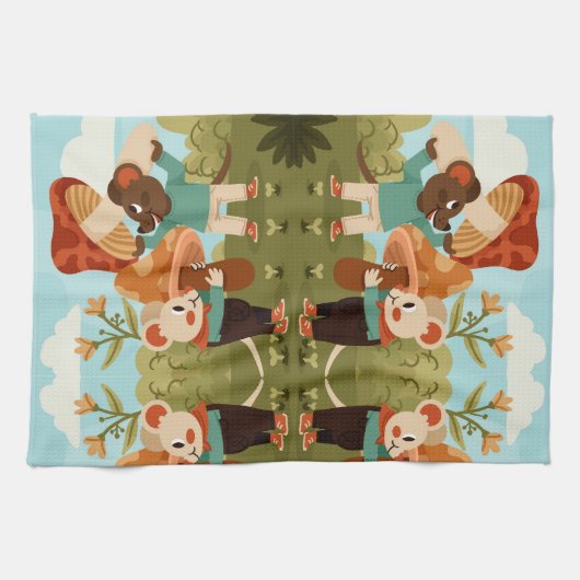 Illustrated picnic scene with animals キッチンタオル (横)