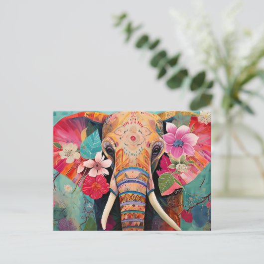 Illustration bunter Elefant mit Blumen ポストカード (スタンド正面)