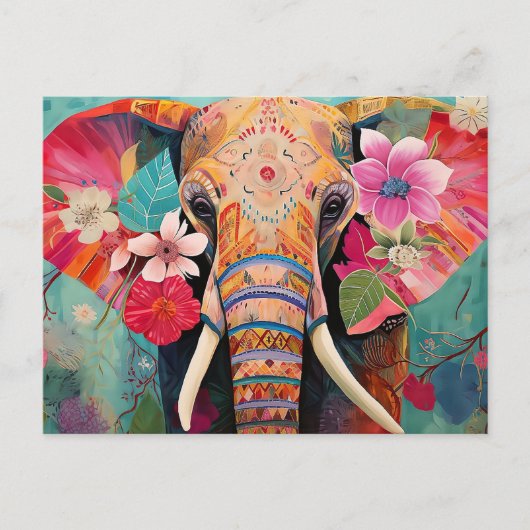Illustration bunter Elefant mit Blumen ポストカード (正面)