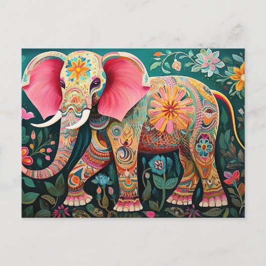 Illustration bunter Elefant mit Blumen ポストカード (正面)