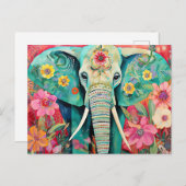 Illustration bunter Elefant mit Blumen ポストカード (正面/裏面)