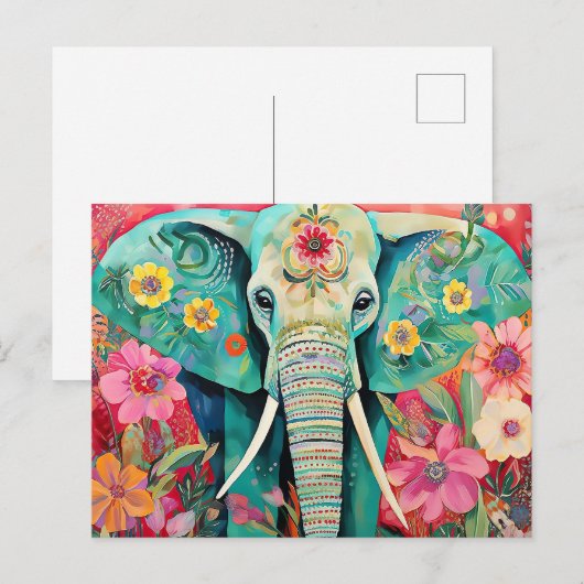 Illustration bunter Elefant mit Blumen ポストカード (正面/裏面)
