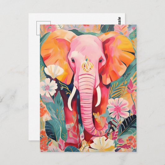 Illustration bunter Elefant mit Blumen ポストカード (正面/裏面)