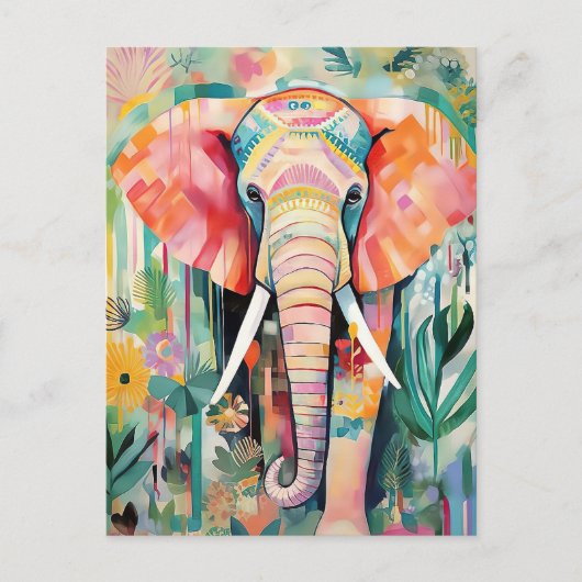Illustration bunter Elefant mit Blumen pastel ポストカード (正面)