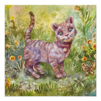 Illustration Cute Kitten Garden Butterfly Flowers ポスター