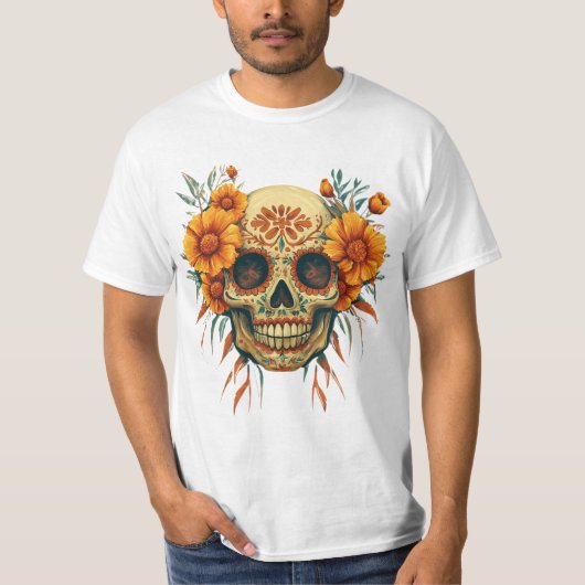 Illustration d'un Crâne de Fête des Morts avec Fle Tシャツ (正面)