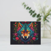 Illustration eines mystischen Wolfes mit Blumen ポストカード (スタンド正面)
