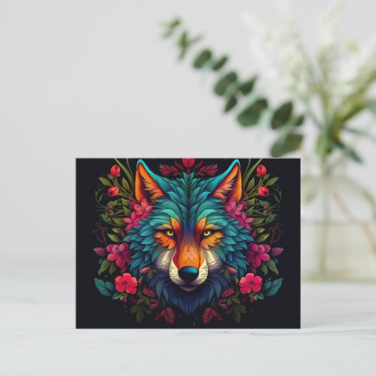 Illustration eines mystischen Wolfes mit Blumen ポストカード (スタンド正面)