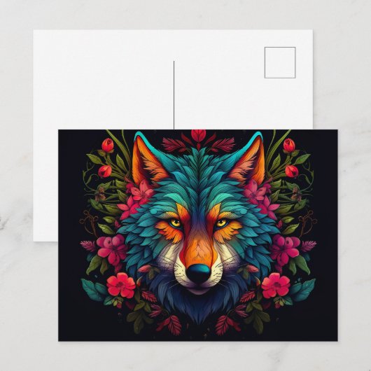 Illustration eines mystischen Wolfes mit Blumen ポストカード (正面/裏面)