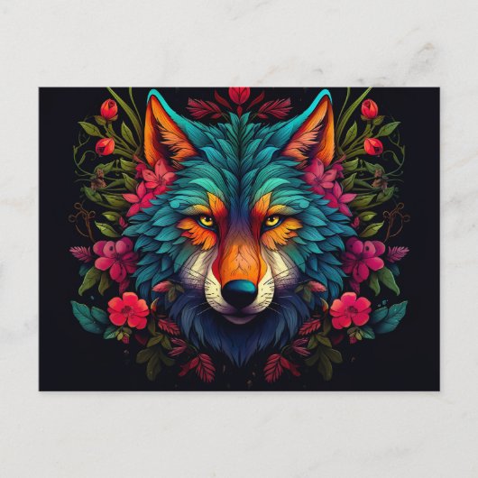 Illustration eines mystischen Wolfes mit Blumen ポストカード (正面)