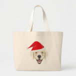 Illustration golden retriever with red Santa hat ラージトートバッグ<br><div class="desc">Golden Retriever with Santa Hat - This cheerful dog is properly contemplative through his Santa hat. A Christmas motive for dog owners.</div>