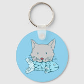 Illustration of a cat eating fish. キーホルダー (正面)