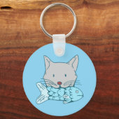 Illustration of a cat eating fish. キーホルダー (正面)