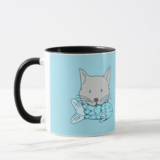 Illustration of a cat eating fish. マグカップ (左)