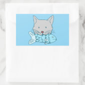 Illustration of a cat eating fish.  長方形シール (バッグ)