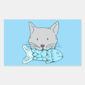 Illustration of a cat eating fish.  長方形シール (正面)