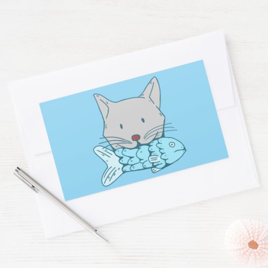 Illustration of a cat eating fish.  長方形シール (封筒)