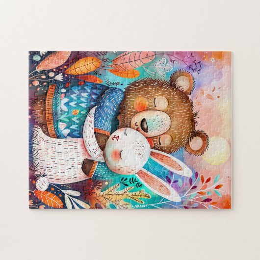 Illustration of bear hugging rabbit in forest. ジグソーパズル (横)