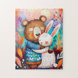Illustration of bear hugging rabbit in forest. ジグソーパズル