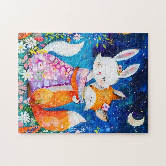 Illustration of fox hugging rabbit in the night ジグソーパズル (横)
