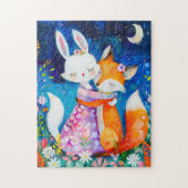 Illustration of fox hugging rabbit in the night ジグソーパズル (縦)