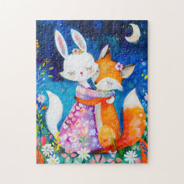Illustration of fox hugging rabbit in the night ジグソーパズル