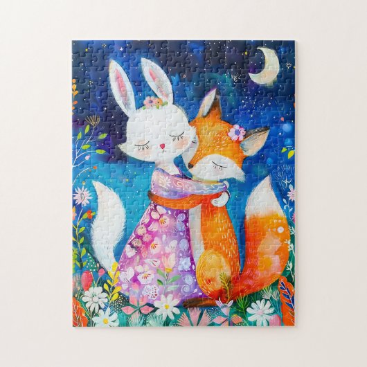 Illustration of fox hugging rabbit in the night ジグソーパズル (縦)