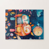 Illustration of owls hugging in forest at night ジグソーパズル (横)