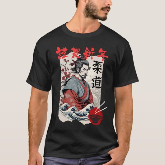 Illustration of Samurai with Japanese Stamp Tシャツ (正面)