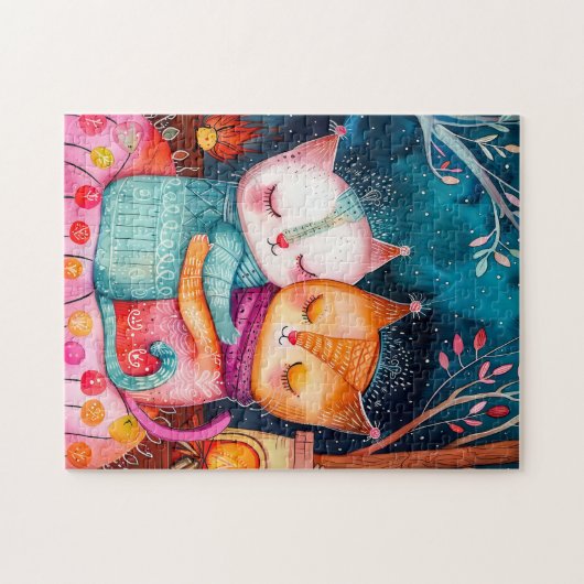 Illustration of two cats hugging in a cozy setting ジグソーパズル (横)
